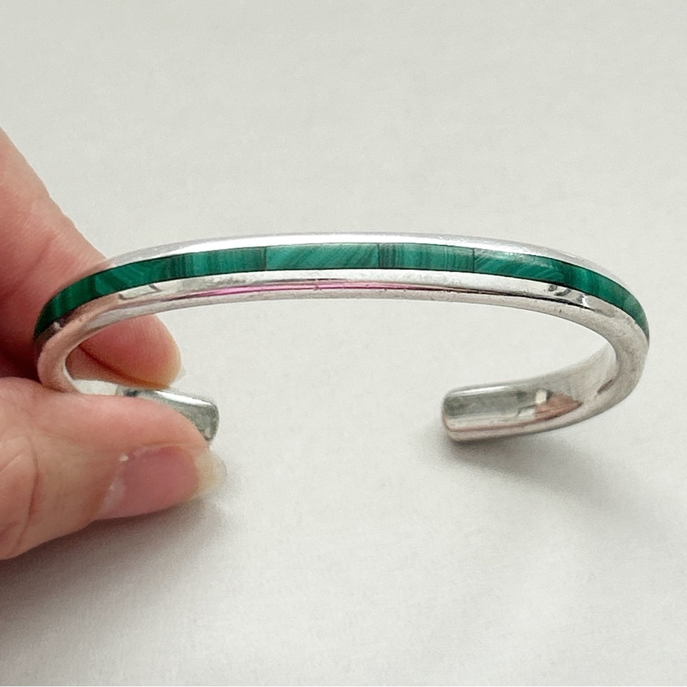 Vintage Kirk Smith Navajo Malachite Inlay Sterling Silver Cuff Bracelet - Picture 9 of 13